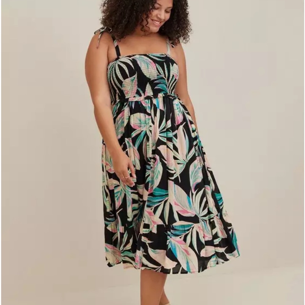 Torrid Black and Pink Leaf Print Rayon Tiered Midi Dress